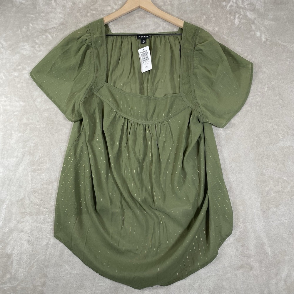 Torrid‎ Top Crinkle Chiffon 1X Flutter Sleeve Green NWT